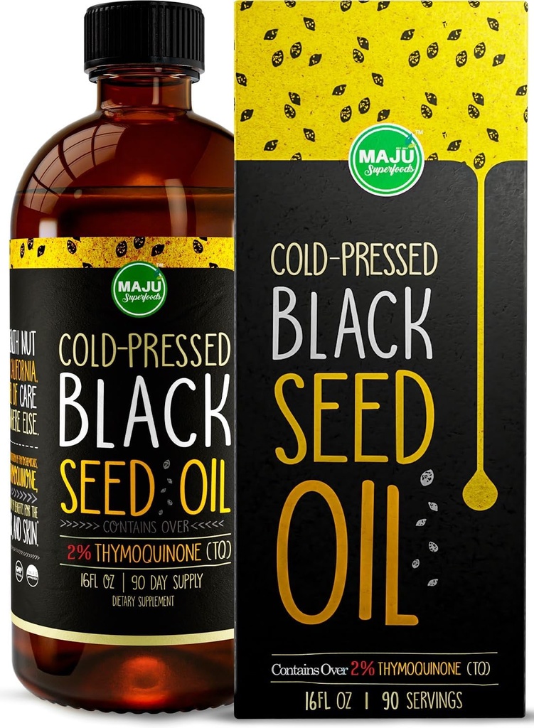 MAJU 's Black Seed Oil 16oz: 3X Thymokinone, Cold Pressed, 100% Turkey Black Cumin Nigella Sativa Seed Oil (Better Than Organic), Non-GMO, 100% Liquid Pure Blackseed Oil, Üvegpalack