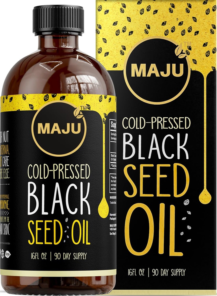MAJU's Black Seed Oil 16oz: 3X Thymoquinone, Cold Pressed, 100% Turkish Black Cumin Nigella Sativa Seed Oil (Better Than Organic), Non-GMO, 100% Liquid Pure Blackseed, Glass Bottle