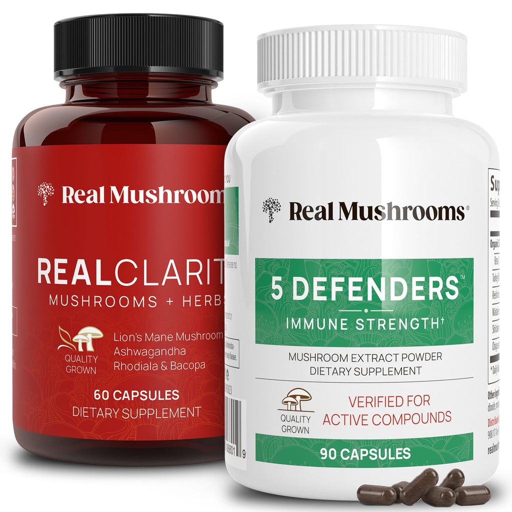 Real Mushrooms RealClarity (60ct) and 5 Defenders (90ct) Capsules Bundle - Mushroom Supplement for Mental Clarity, Focus & Immune Strength - Vegan, Non-GMO, Verified Levels of Beta-Glucans