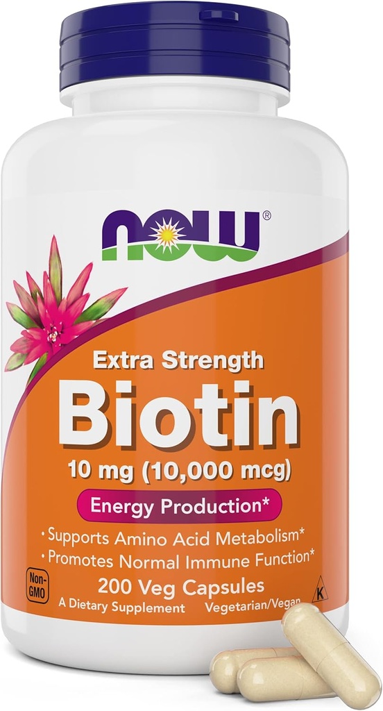 Now Foods Extra Strength Biotin 10.000mcg / 10 mg - 200 Contagem - Cabelo, Pele, unhas - Suplemento para homens e mulheres - B7 Vitamina - Vegetariano, Vegan, Não-GMO