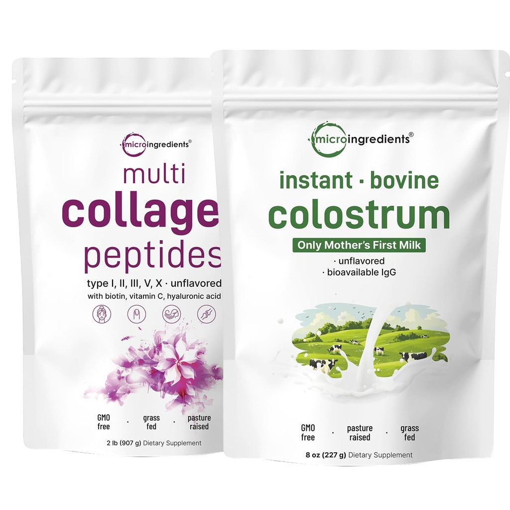 Micro Ingredients Multi Collagen Protein Powder 2 Pounds & Instant Colostrum Powder Bundle 2 Pack | Grass-Fed Collagen Peptides | Premium Bovine Mother’s First Milk