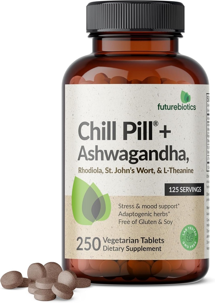 Futurobióticos Chill Pill + Ashwagandha, Rhodiola, St. John's Wort e L-Theanine - Non-GMO, 250 tabletas vexetarianas