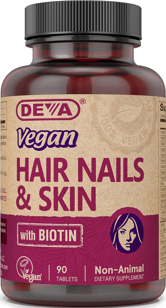 Rambut Vegan DEVA, Nails & Skin Vitamin & Minetars dengan Biotin, Tambahan, 90 tablet