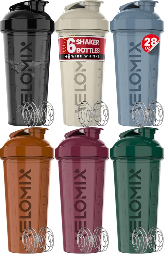 VELOMIX - 6 PAKIRANJE - 28 oz Stresalnik Protein Shaker Steklenica za mešanice beljakovin - 6x Žica Whisk 