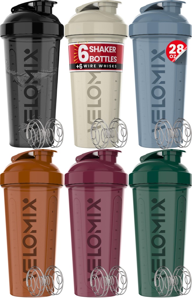 VELOMIX 6 Pack 28 oz Protein Shaker Bottle for Mixes - 6 Wire Whisk Balls | Leak Proof Cups for Supplements | BPA-Free Gym & Fitness (Earth Tones Collection)