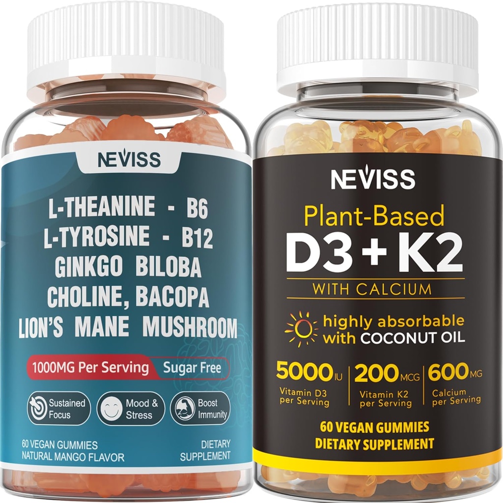 NEVISS Sugar Free L-Tyrosine L-Theanine Gummies 120 Şərh + Sugar Free D3 5000IU K2 Gummies 120 Şərh