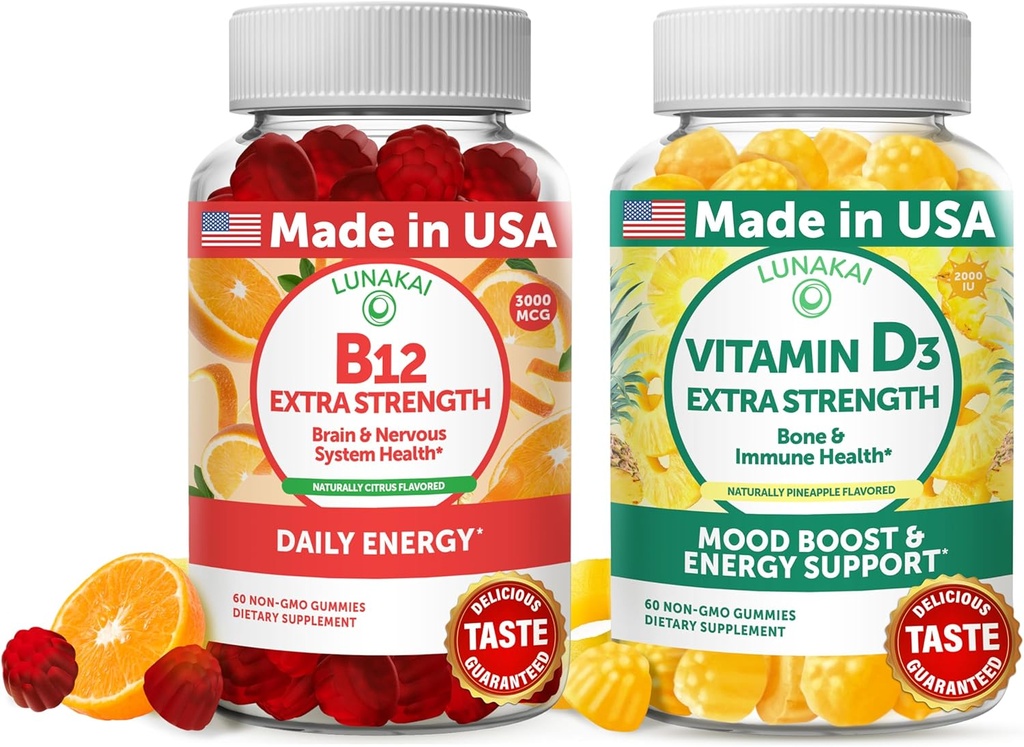 Lunakai Vitamin B12 und Vitamin D3 Gummi Bundle - 3000 mcg B12 und 25 mcg 1000 UI VIT D3 - Glutenfrei, No Corn Syrup, Organic, Non-GMO, Plant Based Gelatin Free