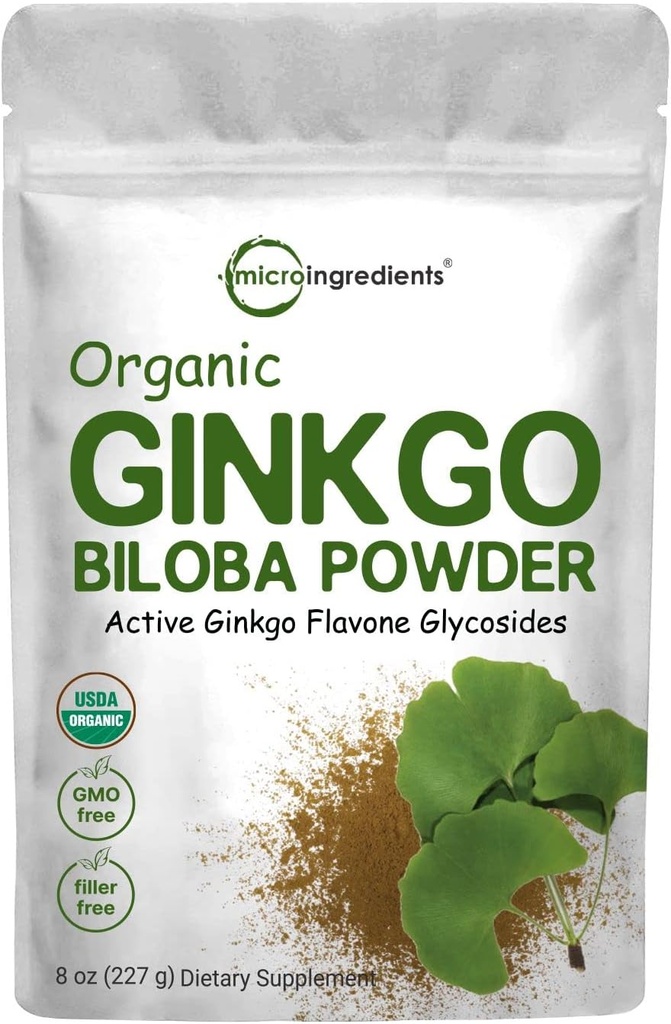 Micro Ingredients Raw Organic Ginkgo Biloba Powder, 8 Ounce (18 Mēnešu Piedāvājums), bez filtrācijas, atbalsta smadzeņu funkcijas un garīgo modrību, bez ĢMO un vegan Friendly