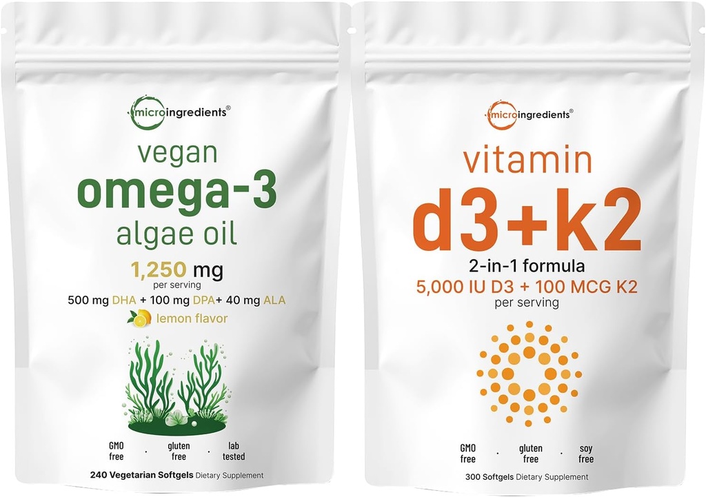 Micro Ingredients Vitamin D3 5,000iu + K2 100mcg Softgels " Vegan Omega 3 Algae Oil supplement Bundle 2 Pack  to Essential Sunshine Vitamins  to Omega-3 Full Spectrum Alternative to Fish Oil