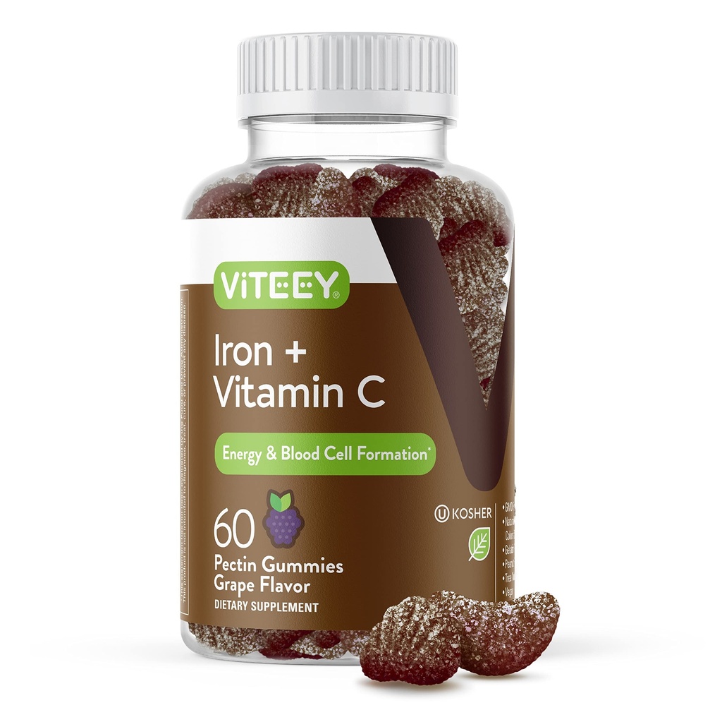 Viteey Iron Gummies - Iron with Vitamin C | Energy, Blood Support and Anemia Supplement for Women & Men - Vegan, Gluten Free - 60 Count