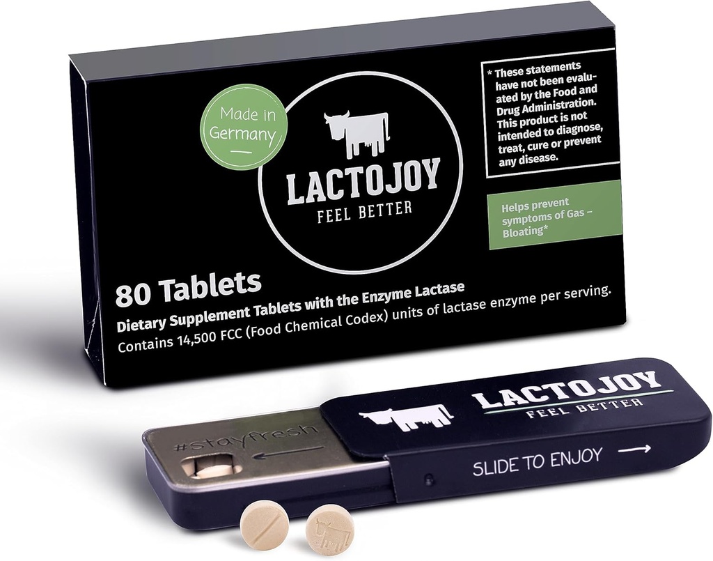 LactoJoy Lactase Pills 14,500 I 80 Peças I Powerful Lactase Enzimas para Intolerância à Lactose I Ultra Pure Lactase para Digestão Melhorada I Sem Dióxido de Silício, Sem sabores artificiais, Sem sucralose