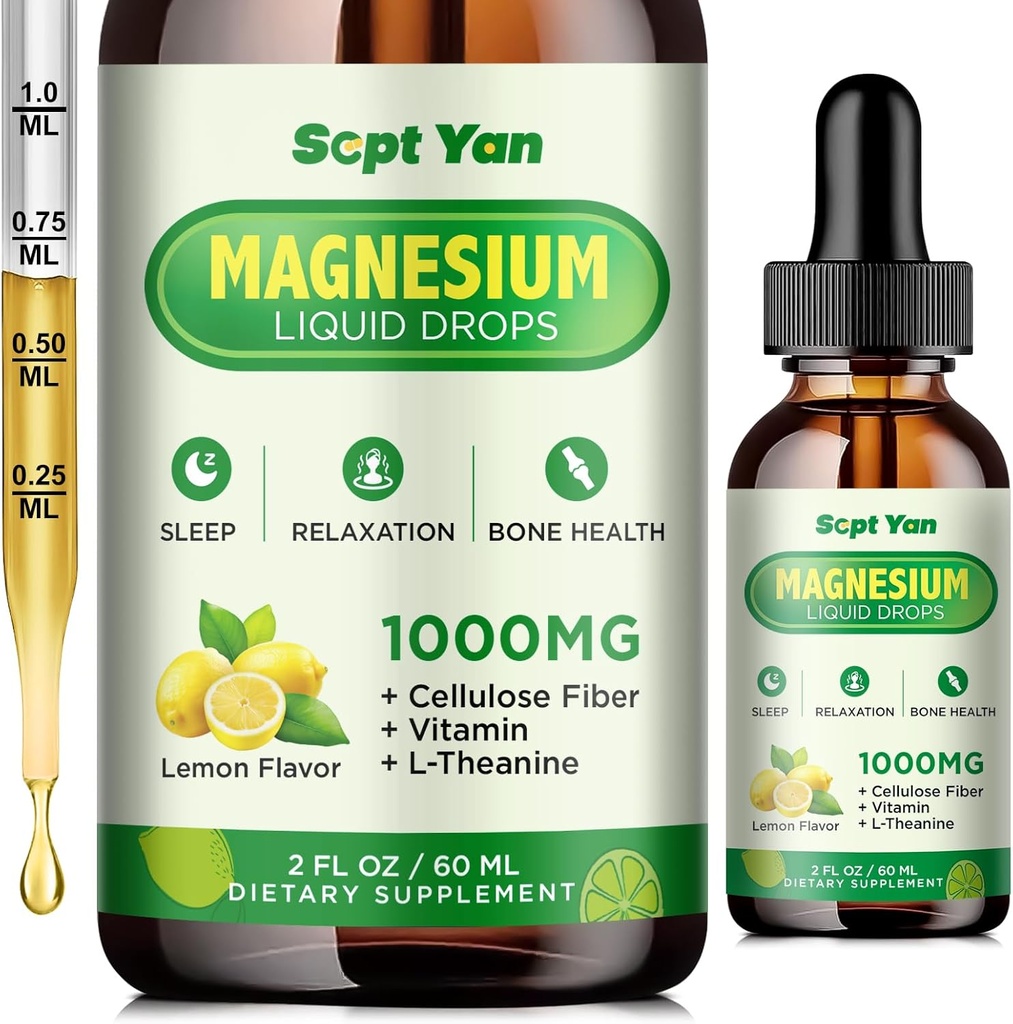 Magnesium Glycinate Liquid Drops, 1000mg Magnesium Glycinate, Citrate & Threonate with Cellulose Fiber, L-Theanine, Vitamine B & C for Sleep, Muscle, Energy & Relaxation, Sugar-Free Lemon Flavor