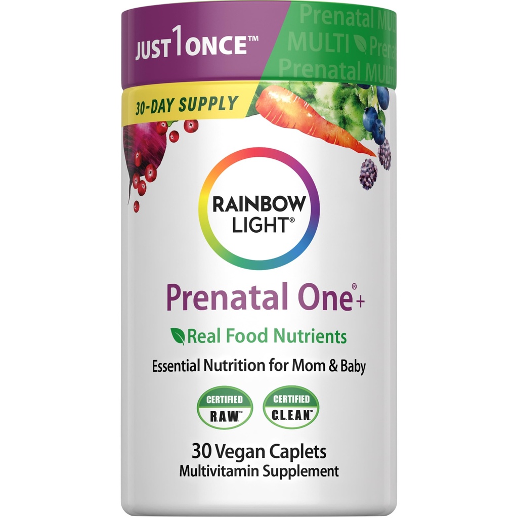 Rainbow Light Prenatal Multivitamin One + for Women | 30 Caplets | Essential Nutrition for Mom & Baby | Real Food Nutrients | with Iron, Vitamins, Folate, Biotin and More