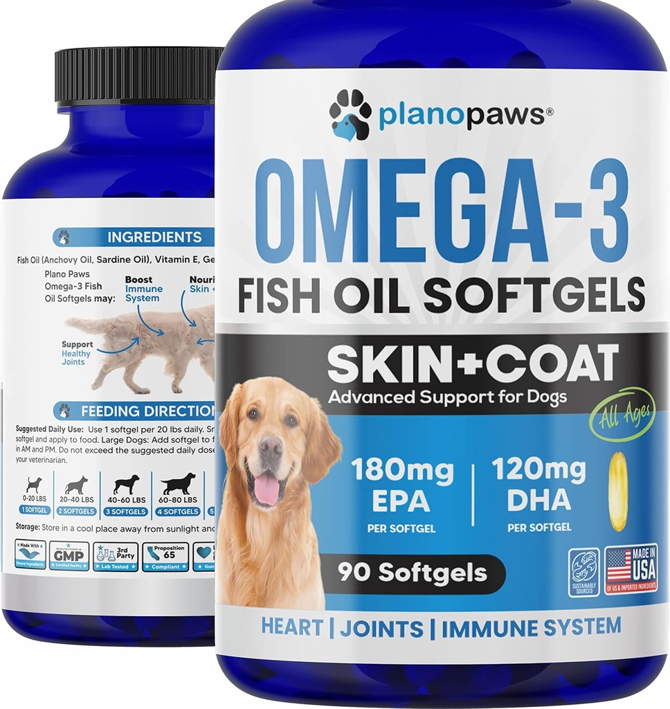 Omega 3 Köpekler için Balık Yağı - Köpekler için Salmon Yağı - Dog Fish Oil Supplement Shedding, Alerji, Itch Relief - Supports Kuru Skin, Joints - Dog Skin ve Coat Supplement - 90 Fish Oil Pills EPA DHA