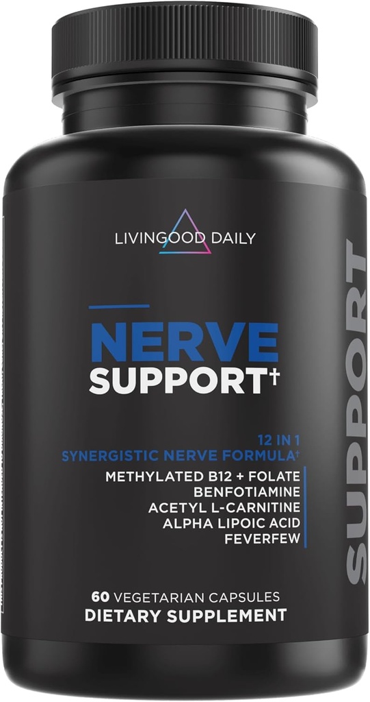 Livingood Daily Nerve Support Supplément pour les femmes et les hommes, 12-en-1 Nerve Health Formula with Méthylated B12, Folate, Benfotiamine, Alpha Lipoic Acid & Feverfew, sans gluten, sans OGM, 60 capsules