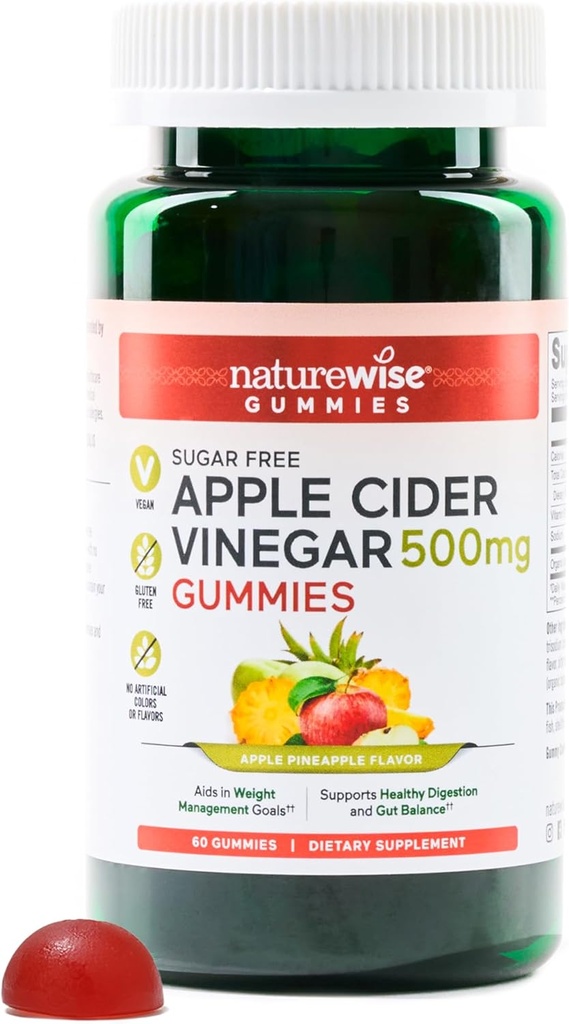 NatureWise Apple Cider Kinegar Keto Gummies - 1000mg ACV na 2, Sugar Free, Vegan - Energy & Gut Health - ACV Gummies W/Vitamin B12-60 Gummies[1-mesečna dobava za 1000mg / 2-mesečna dobava za 500mg]