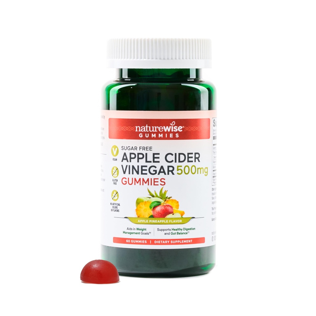 NatureWise Apple Cider Vinegar Keto Gummies - 1000mg ACV per 2, Sugar Free, Vegan - Energy & Gut Health - ACV Gummies W/Vitamin B12-60 Gummies[1-Month Supply for 1000mg / 2-Month Supply for 500mg]
