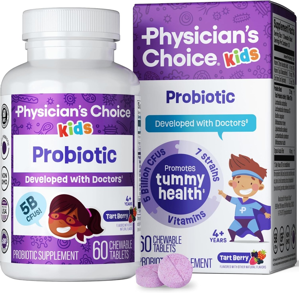 Uşaqlar üçün CHOICE Probiyotiks - 7 Diverse Strains, Organic Prebiyotiks, Vitaminlər və Minerals - Klinik Studied L. Rhamnosus - Immune & Digestive Support - No Sugar və ya AI Dyes - 60ct