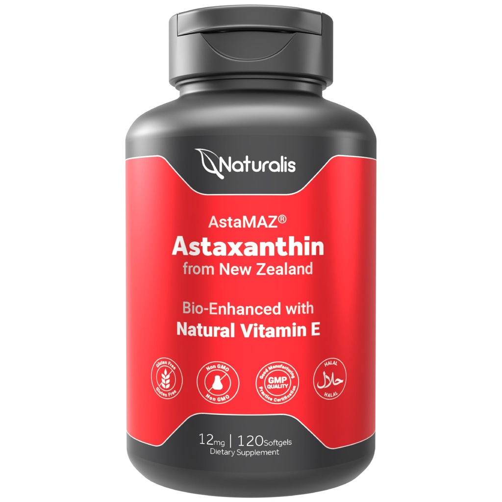Naturalis New Zealand Astaxanthin (12mg) | Enhanced with Natural Vitamin E | Non-GMO, Soy & Gluten Free | 120 Softgels (4 Month Supply)