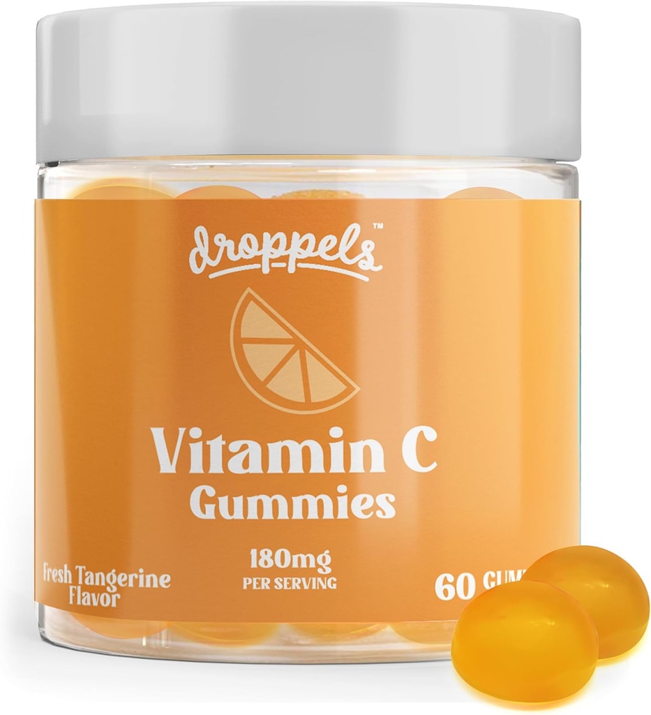 Droppels Vitamin C Gummies, 180mg – Vegan, Pectin Plant-Based Immune Support Booster Supplement – Tangerine Flavor, 60 Count (1-Month Supply)