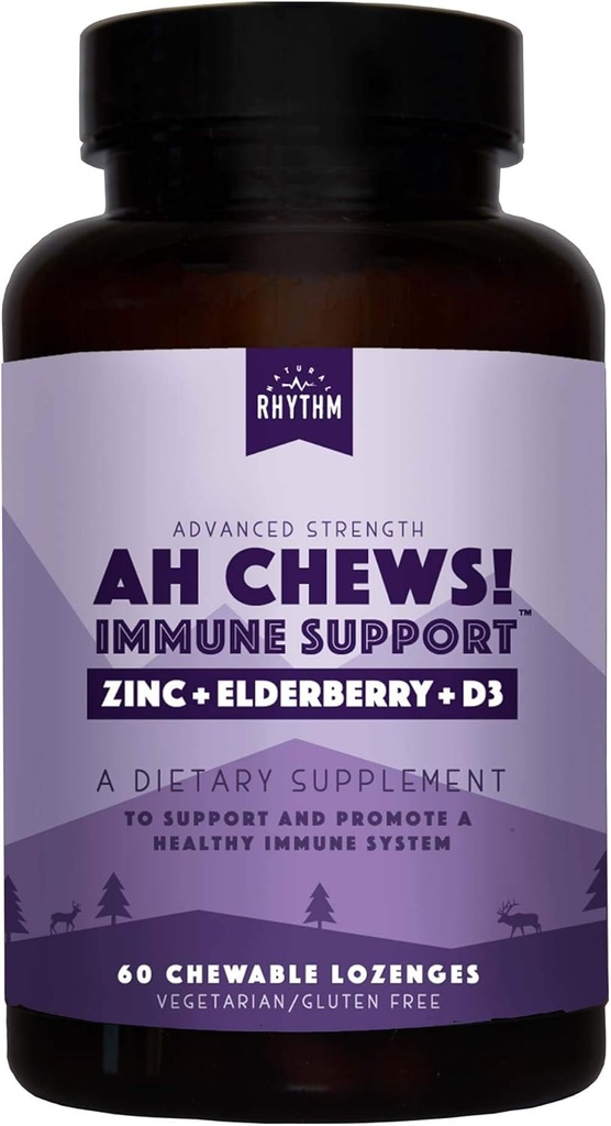 Natural Rhythm Ah Chews! Imneune Booster Lozenges per a nens i adults, No hi ha afegit Sugar, amb Elderberry, Zinc & Vitamina D3, 60 Capsules