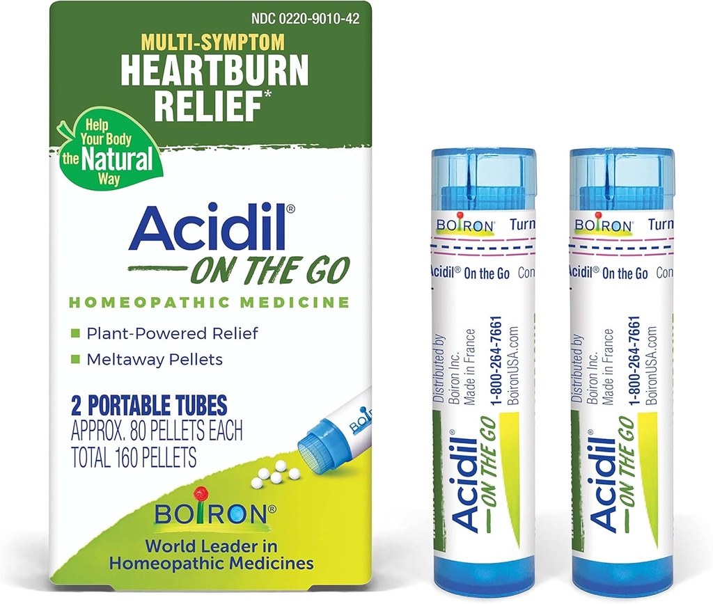 Boiron Acidil på Go Travel Essential för lindring av Acid Reflux, Heartburn, Indigestion, Bloating och Upset Stomach - 2 Count (160 Pellets)