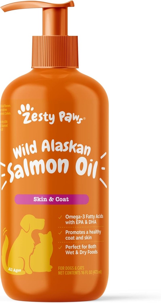Zesty Paws Wild Aljašský losos olej pro psy a kočky - Kožní a coat support, Omega 3 dodatek pro domácí zvířata, 16oz, čerpadlo top