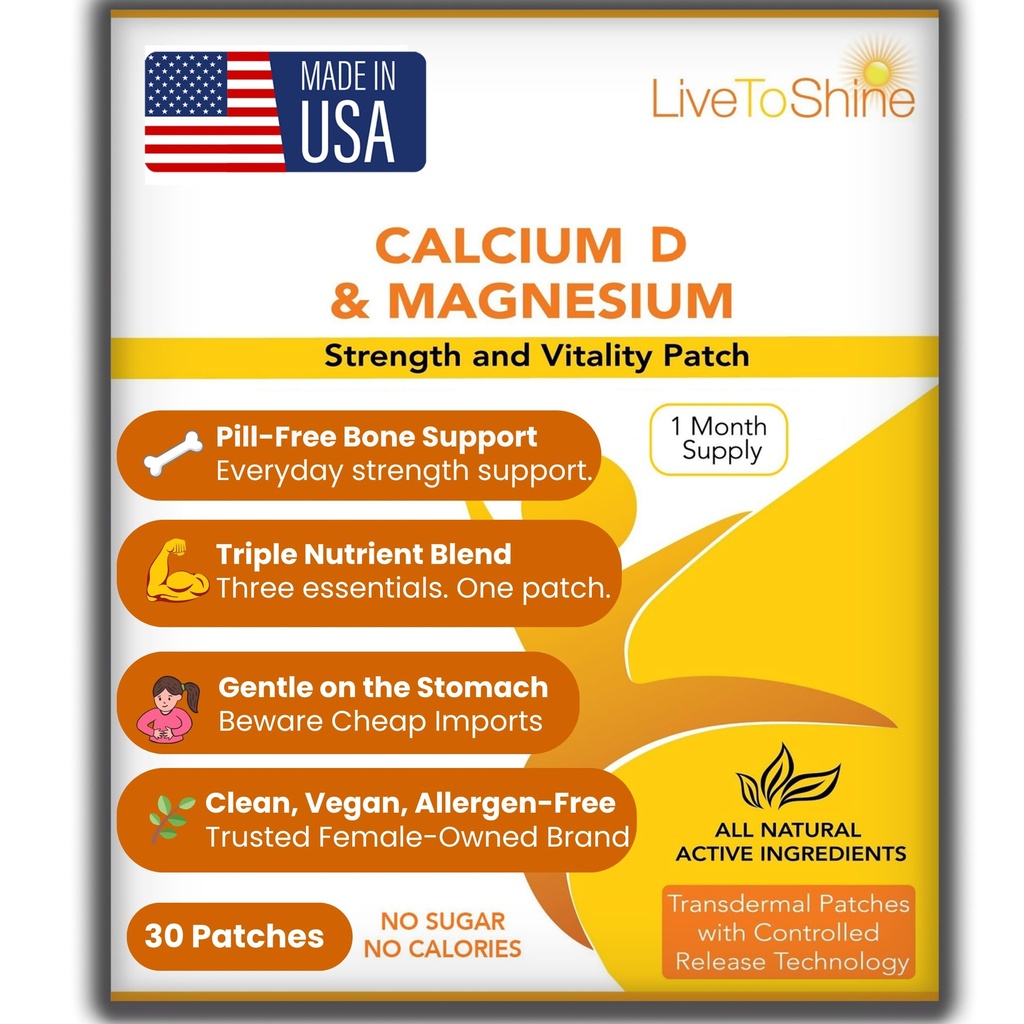 Calcium Magnesium Vitamin D Patch – Pill-Free Topical Supplement – 18 Transdermal Patches (1 Month Supply) – Vegan, Allergen Free – Made in USA – Live to Shine for Men & Women