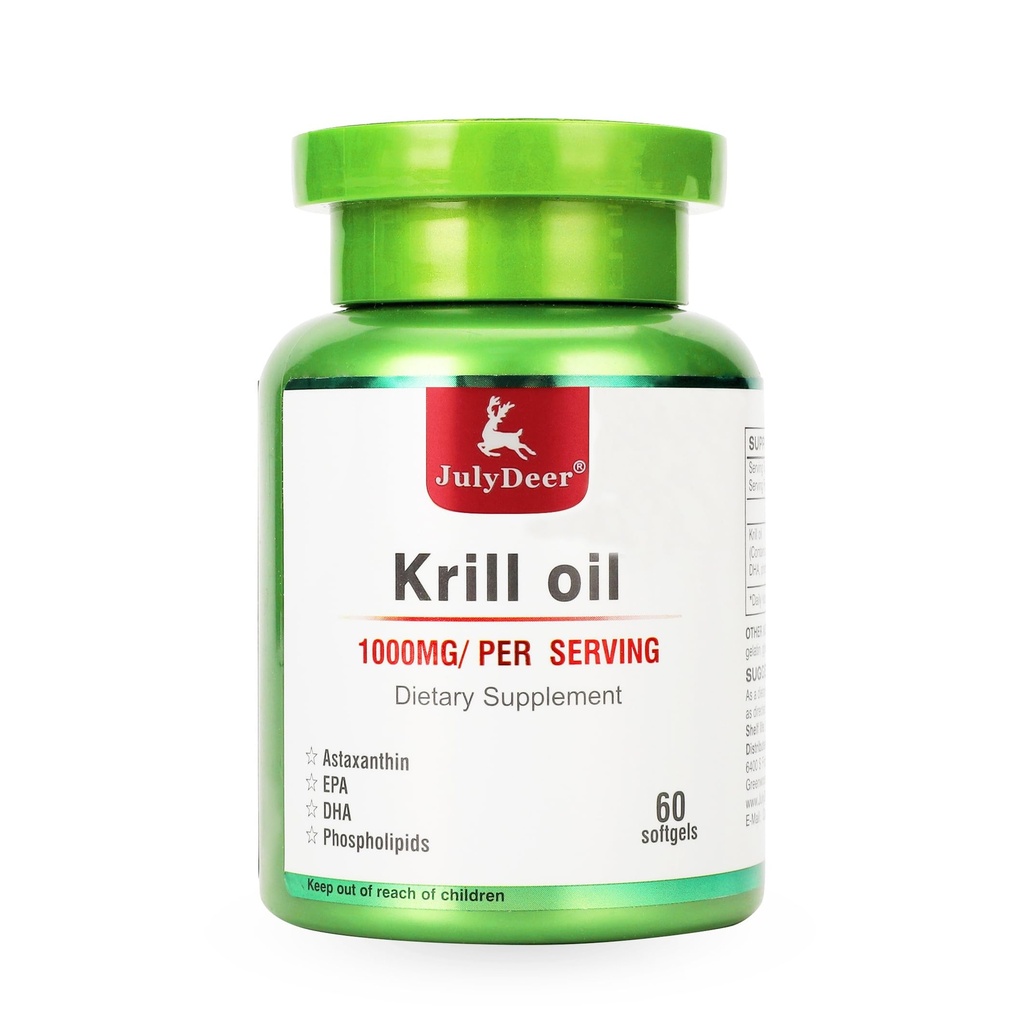 JulyDeer Antarctic Krill Oil 1000 mg with Omega-3s EPA, DHA, Astaxanthin and Phospholipids 60 Softgels Supplement No Fishy Aftertaste for Joint, Heart, Brain and Immunity