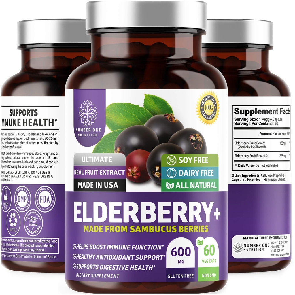 N1N Premium Black Elderberry Capsules for Adults [Max Strength] Pure and Potent Elderberry from Sambucus Nigra to Support Immunity & Skin Health, Non-GMO, Gluten Free, 60 Veg Caps