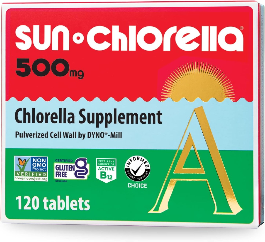 Sun Chlorella 500mg egész test Wellness Zöld Algák Superfood Supplement - Immunvédelem, Gut Health, Natural Purification, Energy Boost - Klorofill, B12, Iron, Protein - Non-GMO - 120 tabletta