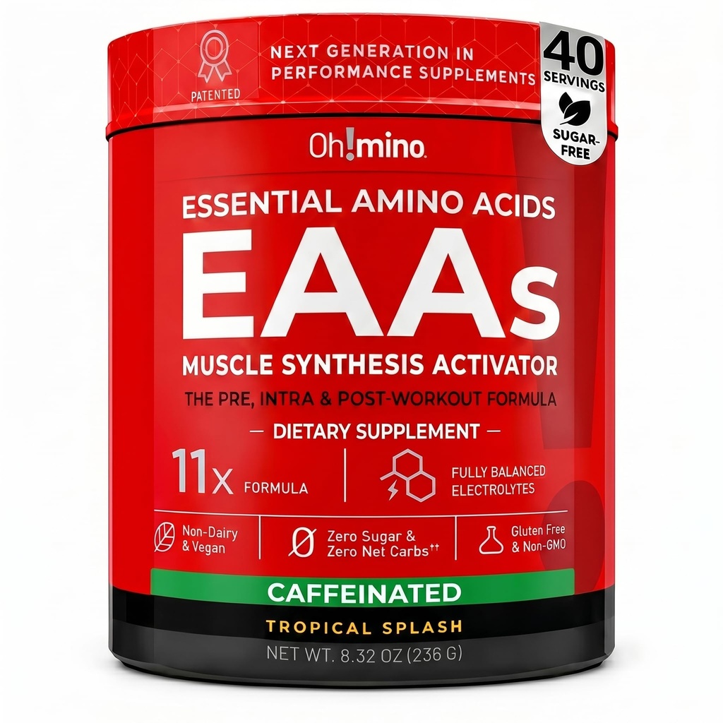 Ohmino BCAA + EAA Powder, Amino Acid Supplement, Tropical, 40 Servings | All 9 Essential Amino Acids, Patented Formula, Electrolytes & Adaptogens, Muscle Recovery & Endurance, Sugar-Free
