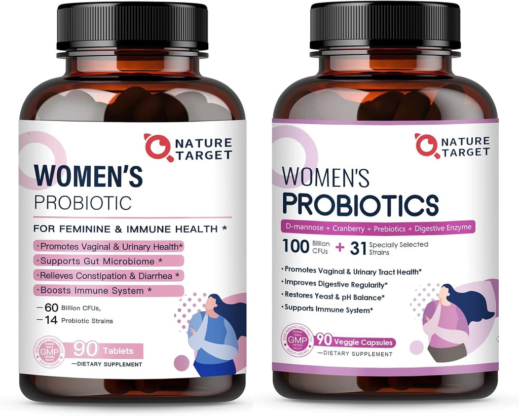 NATURE TARGET Women's Probiotics & Prebiotics, Cranberry & D-Mannose, 50-Billion-CFUs, Digestive Health/Gut Health/Immune Booster/Weight Management를 위한 유기 프로바이오틱스