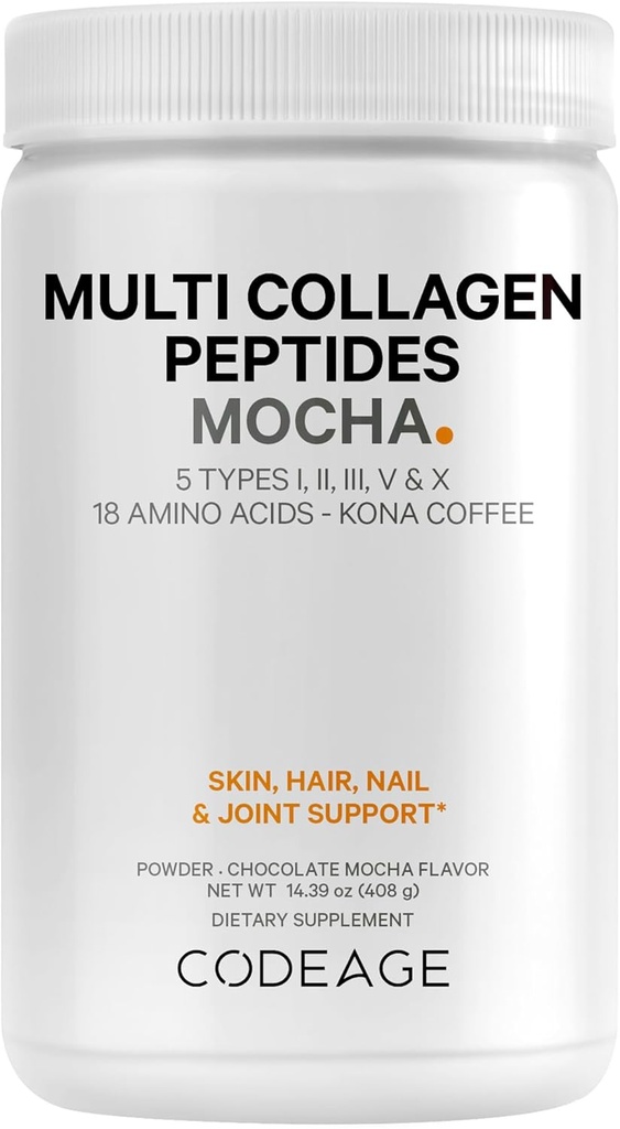 Codeage Multi colagen Peptides Protein Powder - Chocolate Mocha Instant Coffee - Gourmet Knoa Coffee Drink & Shake - Collagen Tip I, II, III, V & X - Grass-Fed, Hydrolyzed, Non-GMO - 14.39oz