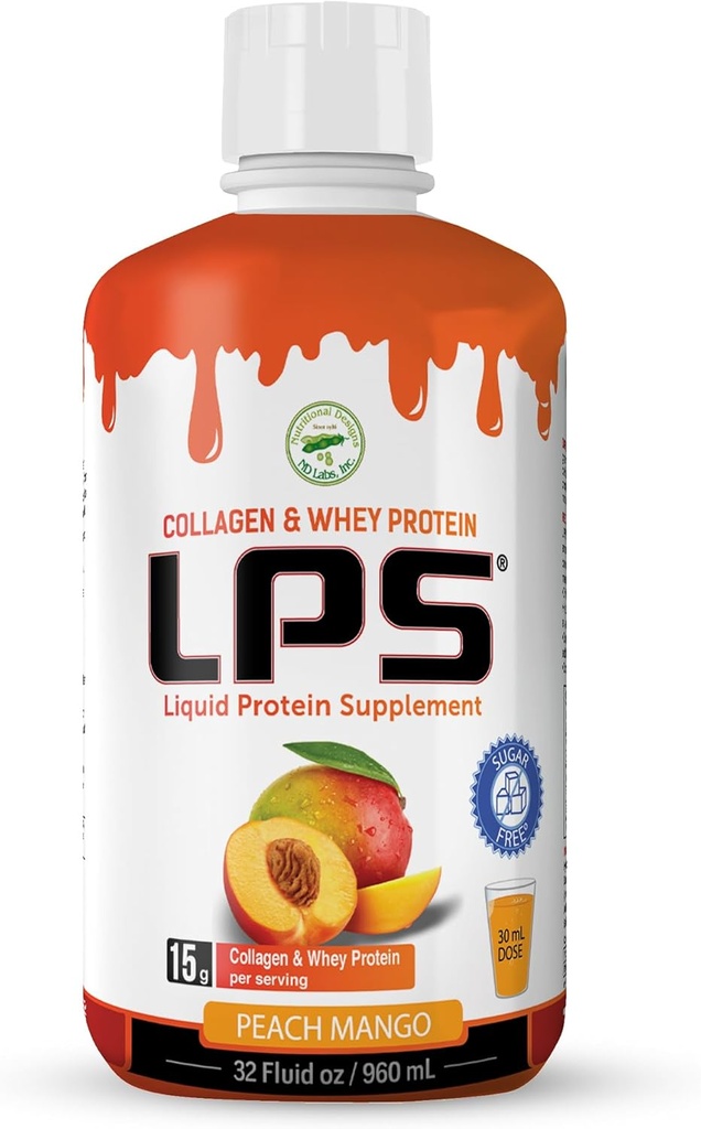 LPS Liquid Collagen & Whey Protein Supplement - Sugar- Free, Dye- Free, Non- GMO Drink - Hydrolized Collagen & Whey Peptides Promotes Egészséges bőr & Hair for Men & Women, Peach Mango, 32 fl oz