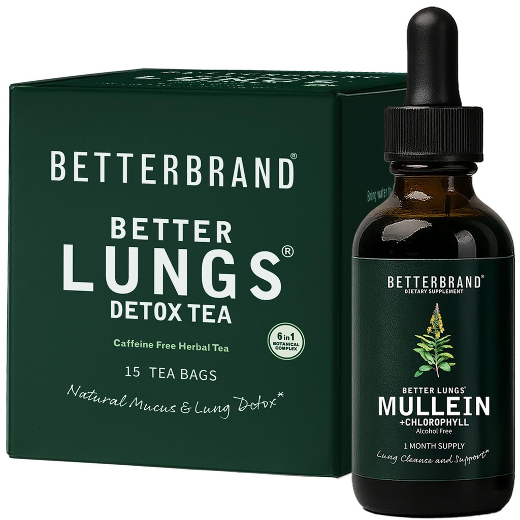Betterbrand BetterLungs Health Pack - Parempi Keuhkojen Detox Tea & Mullein Leaf Tincture Drops ... (2) Päivittäinen hengitysteiden hyvinvointi