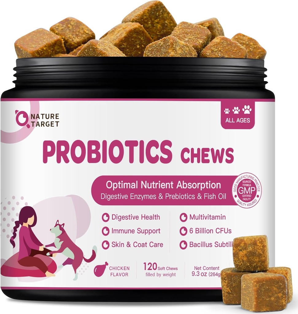 개를위한 자연 TARGET Probiotics & Digestive Enzymes for Digestive Health - 알레르기 및 면역 및 가려운 피부, 120 닭 맛 Probiotic Soft Chews에 대한 물고기 오일 및 비타민 보충