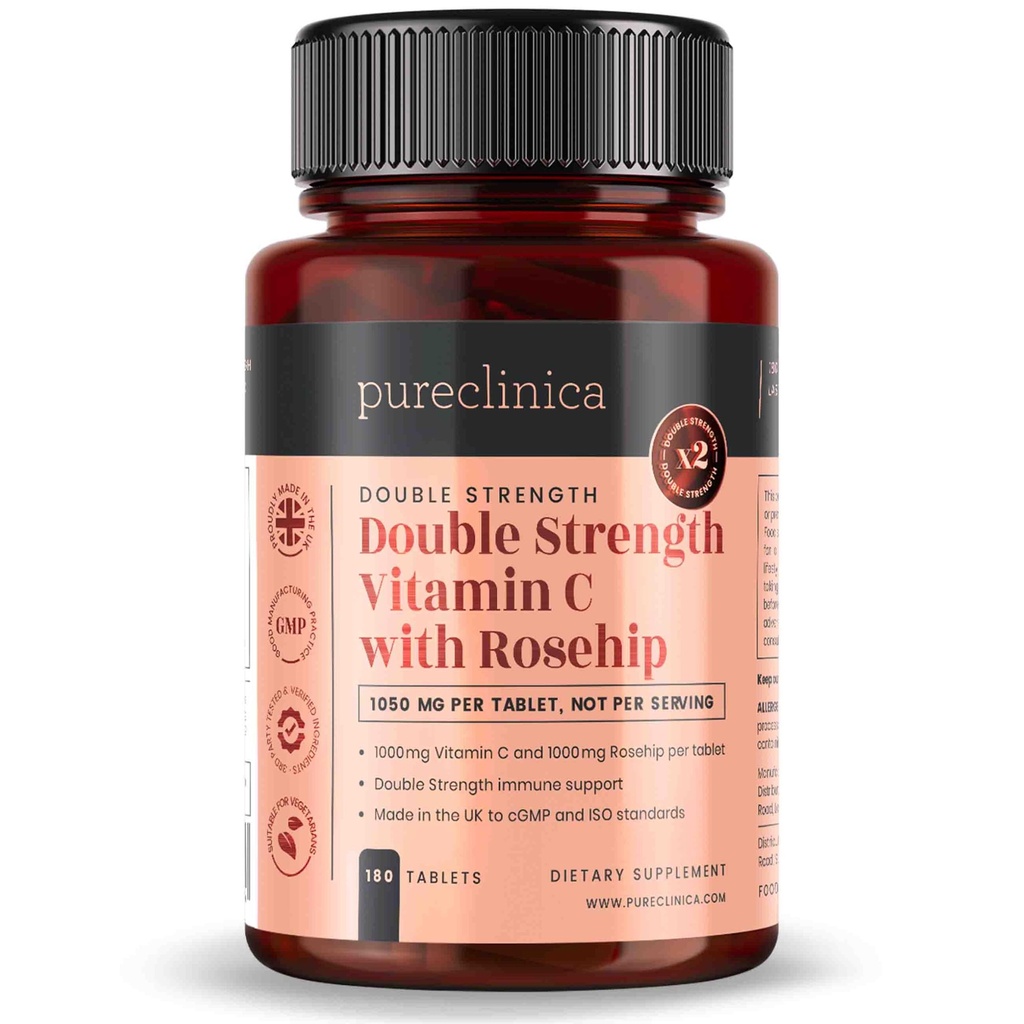 pureclinica Vitamin C with Rosehip – 2000mg (1000mg VIT C & 1000mg Rosehip Extract) x 180 Tablets - 6 Months Supply!