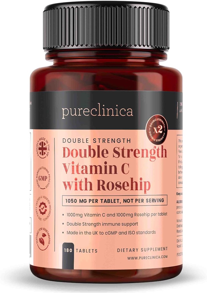 renclinica vitamin C med Rosehip – 2000mg (1000mg VIT C & 1000mg Rosehip Extract) x 180 tabletter - 6 måneders forsyning!