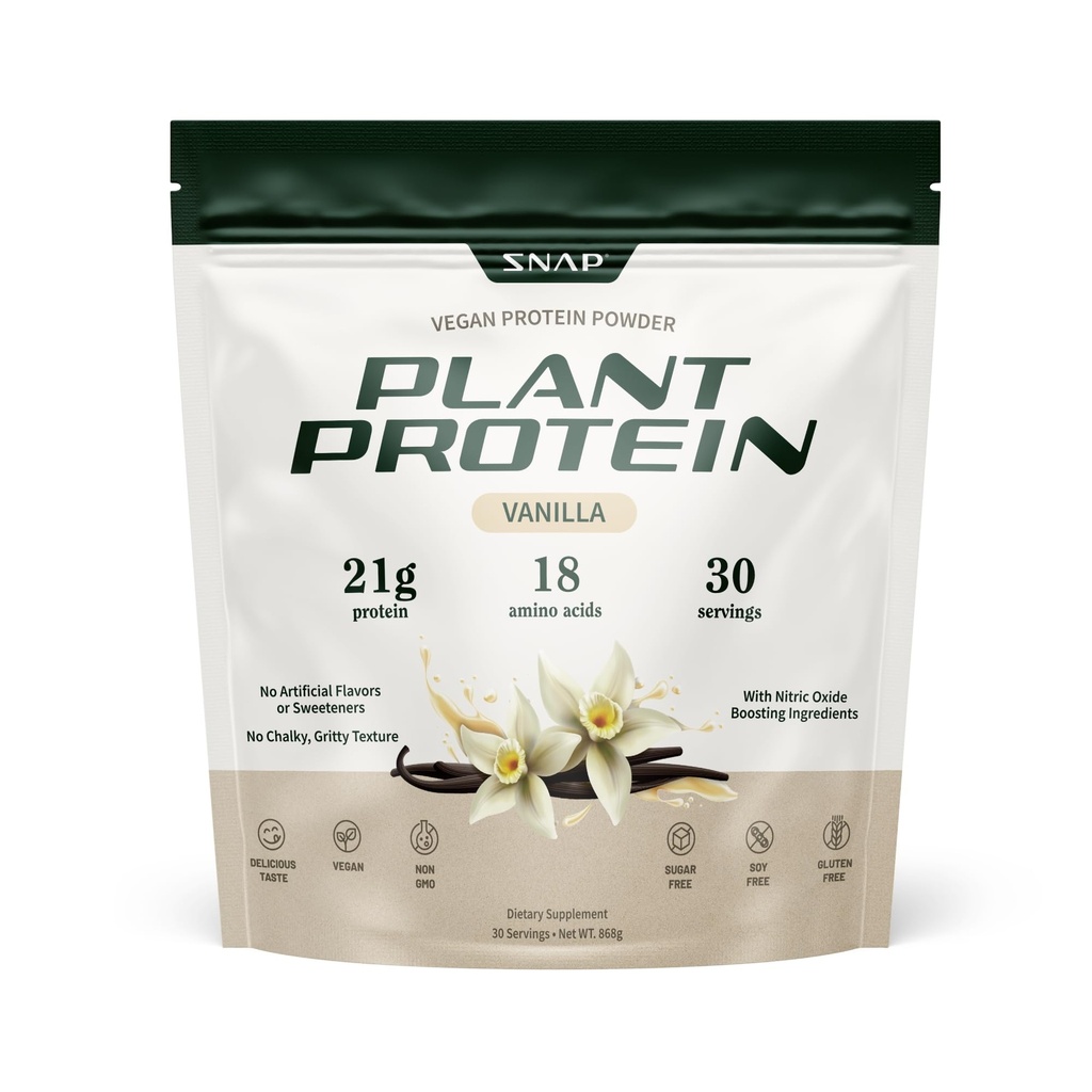 Snap Supplements Organic Plant Based Vegan Protein Powder Nitric Oxide Boosting Protein Powder, Vanilla Bean, BCAA Amino Acid for Muscle Growth, Performance & Recovery - 30 Servings (Vanilla)