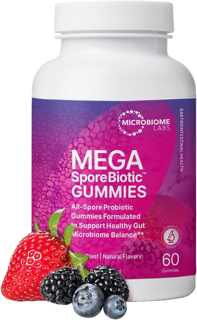 Microbiome Labs Spore Based Probiotic Gummies for Women, Miehet & Children - MegaSporeBiotic Gummies - 4 Bacillus Probiotics for digestive Health & Microbiome Support - Berry Flavor (60 Gummies)