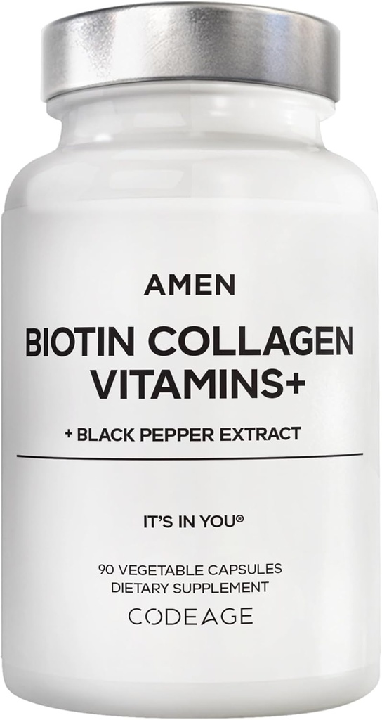 Amin Biotin Collagen Vitamin + 10.000 mcg Biotin Suplemen - Collagen Hydrolyzed, Vitamin C & E, Folate, Acid Hyaluronic, Kertin, MSM, Saw Palmetto - 3- Month Suppply - NN-GMO - 90 Capsules
