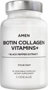Amen Biotine Collagène Vitamines+ 10 000 mcg Supplément Biotine - Collagène hydrolysé, Vitamines C et E, Folate, Acide hyaluronique, Keratine, MSM, Saw Palmetto - Approvisionnement de 3 mois - Non-OGM - 90 Capsules