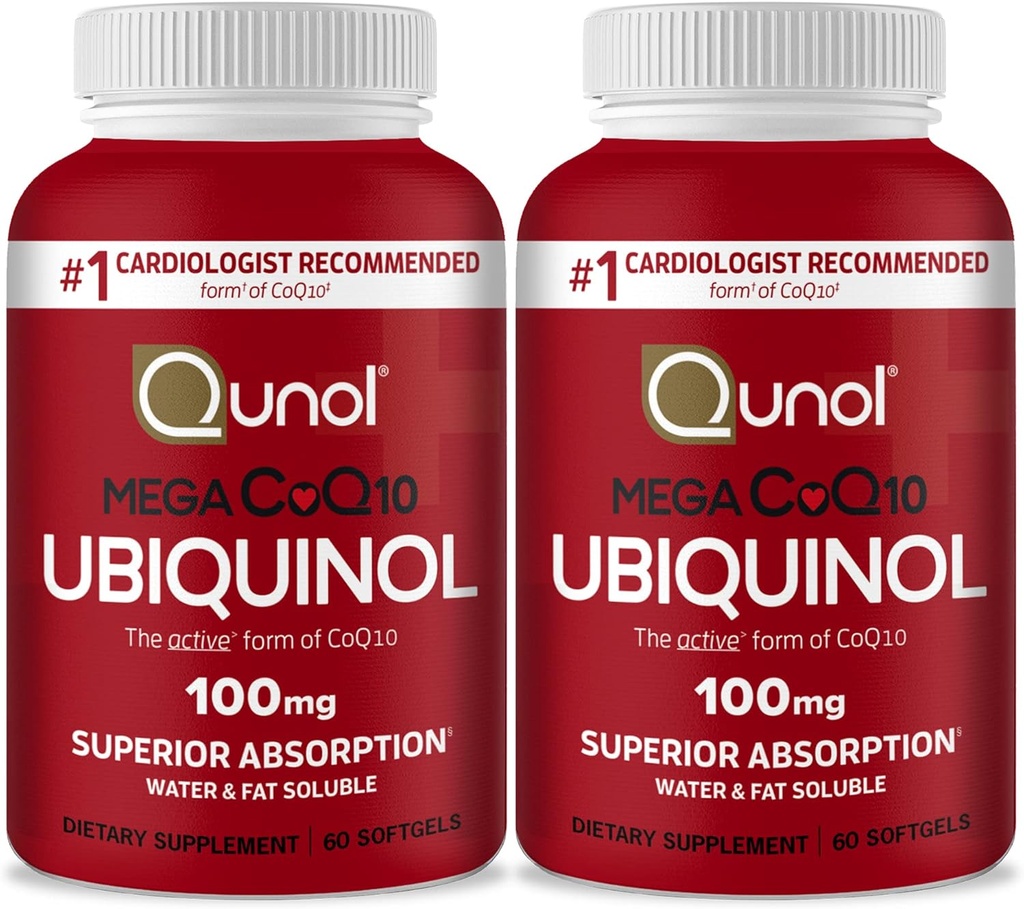 Qunol Mega Ubiquinol Coq10 100mg, Absorción Superior, Auga Patentada e Forma de Suplemento Natural Fat Soluble de Coenzima Q10, Antioxidante para a Saúde cardíaca, 60 Softgels, Pack de 2