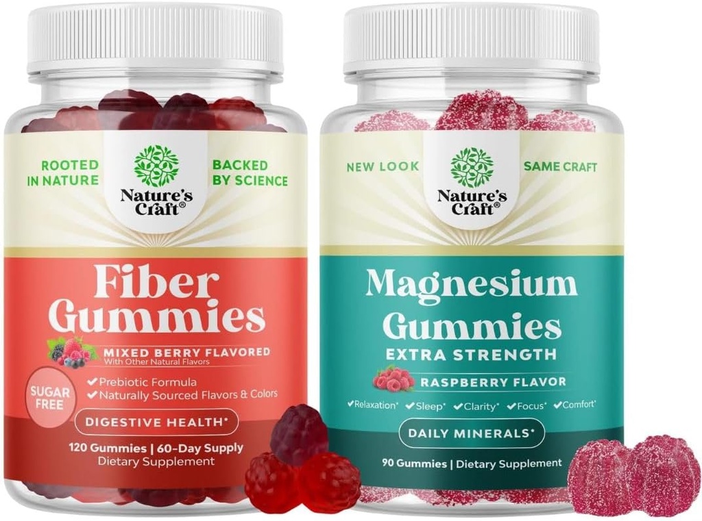 Fiber Gummies - Chicory Root Supplement, Gut & Digestive Health ve Magnezyum Gummies için Prebiyotik Destek ile - Rahatlama Magnezyum Citrate - Raspberry Flavored for Body & Mind Relaxation