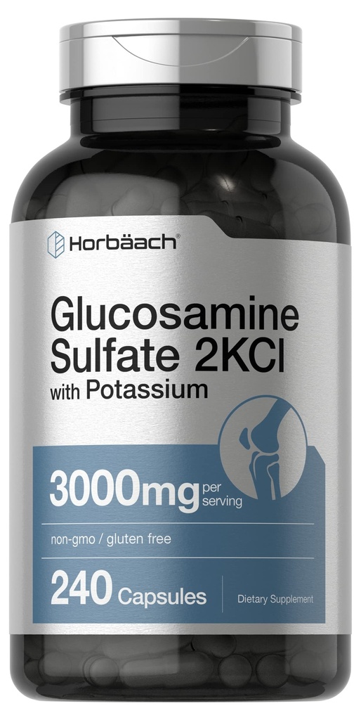 Horbäach Glucosamine Sulfate 2KCI with Potassium | 3000mg | 240 Capsules | Non-GMO and Gluten Free Supplement