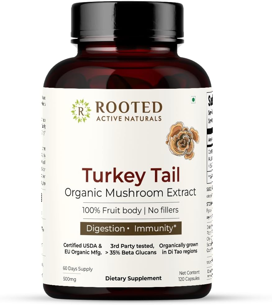RooTED Active 's Turkey Tail Mushroom Extract Capsules ® 124; Širdies sveikata, Stress Relief, Kepenys. USDA Organic, 35% Beta gliukanai, Sertifikuotas Ekologiškas (120 Capsules)