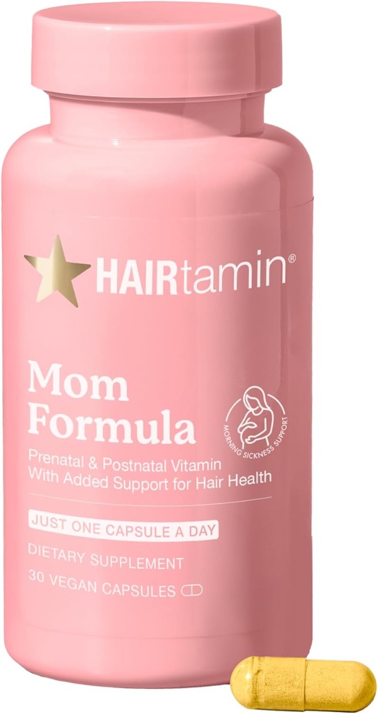 HAIRtamin MOM Vegan Prenatal & Postnatal Multivitamin Supplément et Vitamine capillaire Grossesse, postpartum, Allaitement Probiotique Vitamines capillaires un jour avec Biotine, Zinc, Fer (30 comtes)