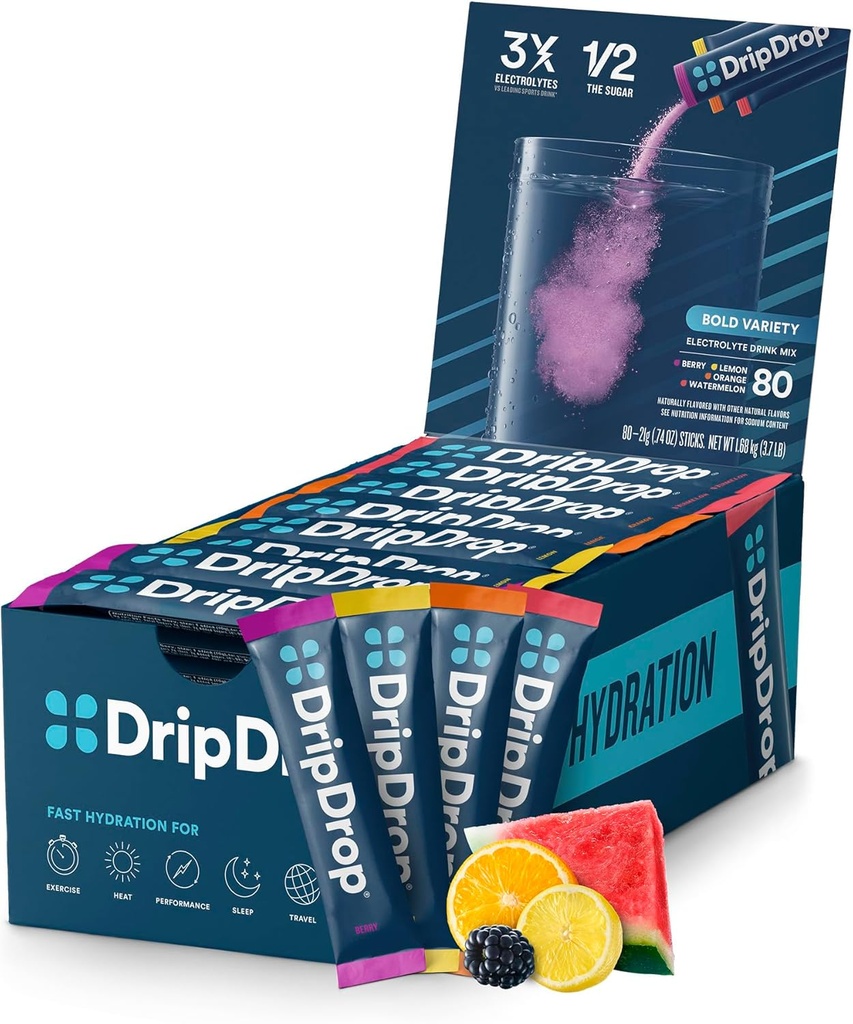 DripDrop Hydration Packets - Bold Variety Pack - Single Serve Electrolytes Powder Drink Mix - Арбуз, ягоды, лимон, апельсин - Non-GMO, Gluten Free, Vegan - 80 Sticks