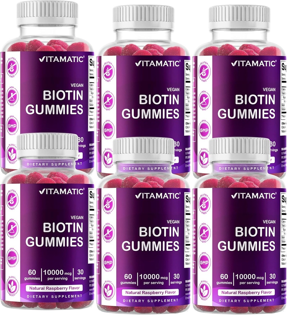 Vitamatic Biotin Gummies 10.000 mcg voor Sterker haar, huid en nagels - 60 Veganistische Gummies - ook wel vitamine B7 (6 flessen)